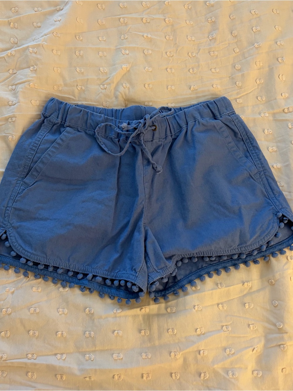 J. Crew Blue Pom-Pom Trim High-Waist Drawstring Shorts